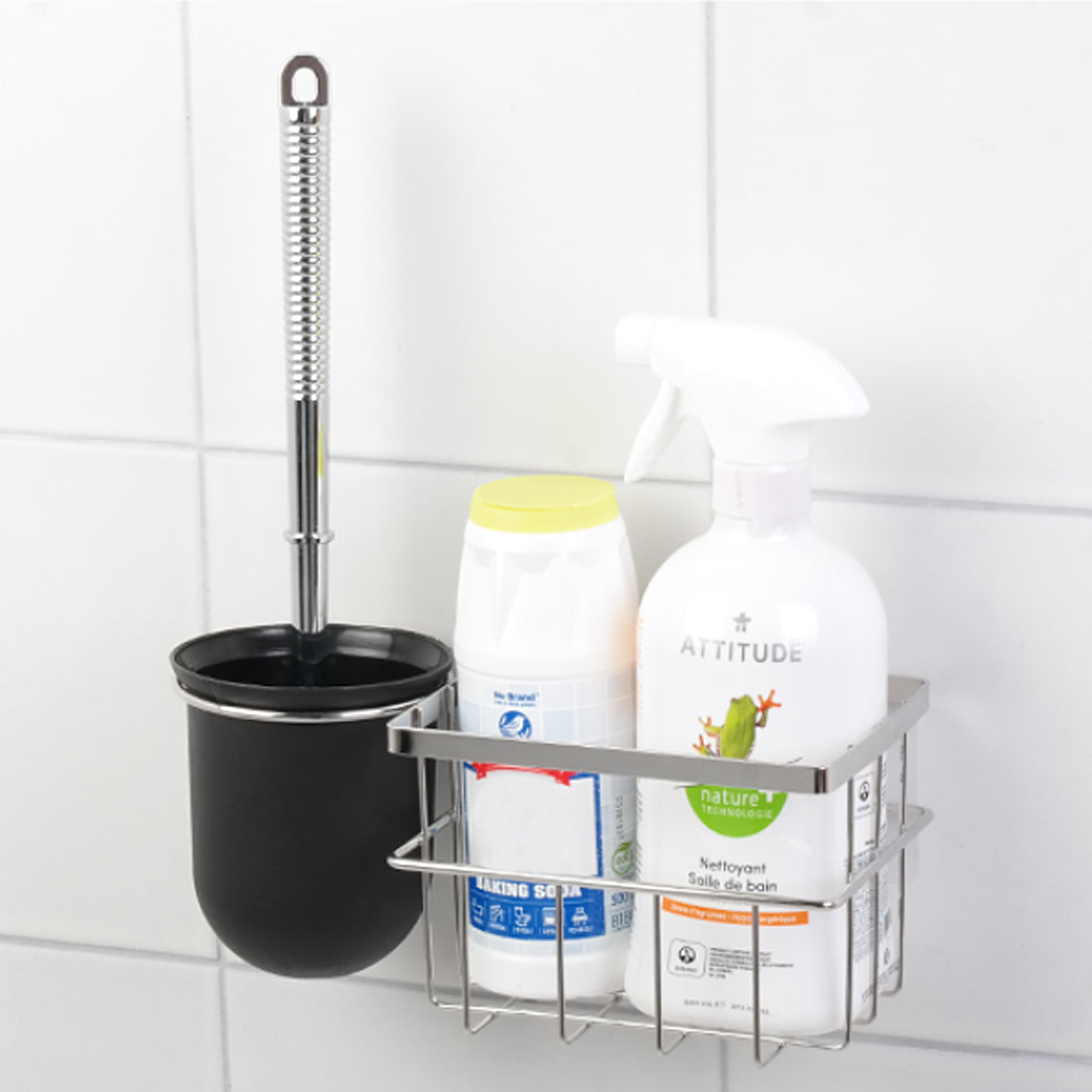 [Spiderloc] Adhesive Toilet Brush Holder Set with Stainless Steel Organizer Basket