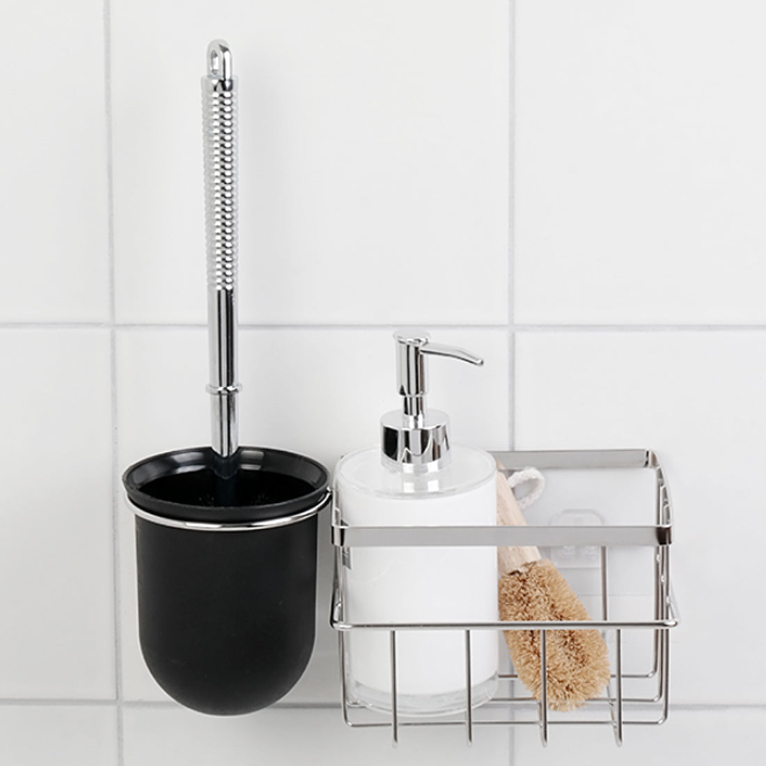 [Spiderloc] Adhesive Toilet Brush Holder Set with Stainless Steel Organizer Basket